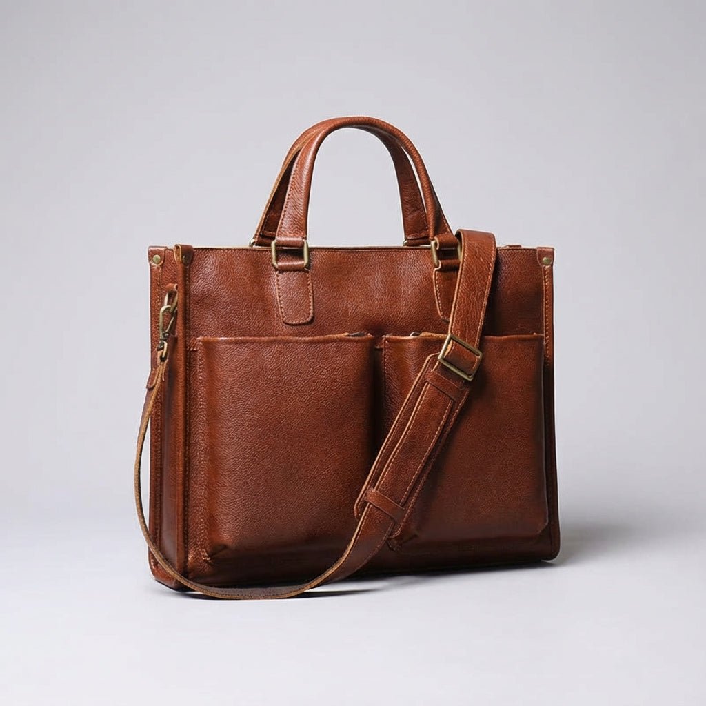 Leather laptop work bag featuring a spacious interior, adjustable strap, and designed to accommodate laptops up to 14 inches. 0